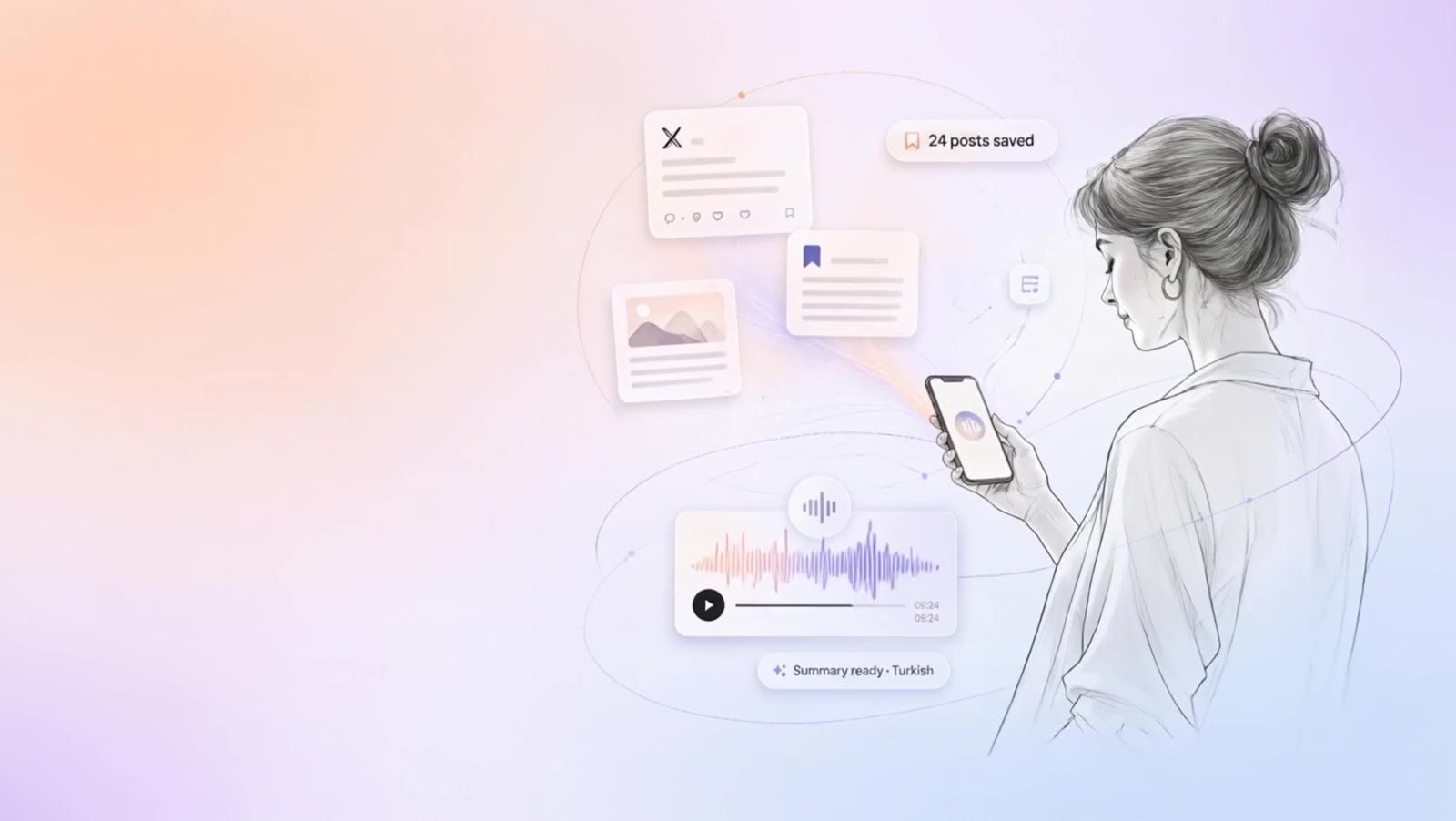 Audra hero — a woman listens to an audio briefing built from her saved X posts